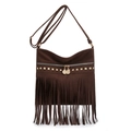 Dark brown faux suede tote bag featuring bohemian tassels and golden square stud accents - Coffee