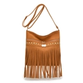 Brown faux suede tote bag with long bohemian tassels and gold studded details - Brown