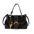 Retro black contrast stitching handbag with gold ring and feather charm detail - With Pendant / Black