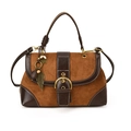 Vintage brown suede handbag with contrast leather trim and golden ring hardware - With Pendant / Brown