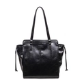 Large black faux leather tote bag with side drawstring details and spacious interior - Black