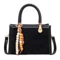 Black suede tote bag with woven handles, golden hardware, and decorative wooden beads - With Pendant / Black