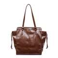 Retro brown large-capacity tote bag with vertical stitching and drawstring detail - Brown