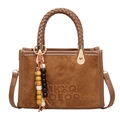 Brown suede tote bag with woven handles and colorful bead tassel decoration - With Pendant / Khaki