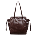 Dark coffee vintage leather tote bag with vertical stitching and slim shoulder straps - Coffee