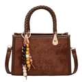 Minimalist dark brown suede tote bag with woven handle and colorful beaded charm - With Pendant / Brown