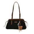 Retro black canvas tote bag with brown leather trim and cute bear plush charm - With Pendant / Black