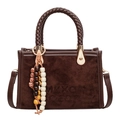 Dark brown suede tote bag with woven handles and ethnic beaded charm accessory - With Pendant / Coffee