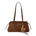 Brown faux suede shoulder bag in dark caramel with a cute plush bear keychain - With Pendant / Brown
