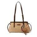 Beige faux suede shoulder bag with brown leather accents and a teddy bear charm - With Pendant / Off-white