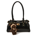 Sac baguette en cuir verni noir brillant avec fermoir en métal et breloque ours en peluche - Avec Pendentif / Noir