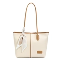 Elegante bolso tote crema con ribete de cuero marrón y pañuelo decorativo de seda en el asa - Blanco Roto