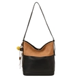 Sac seau rétro en daim marron et cuir noir avec détails de pompons élégants - Avec Pendentif / Marron