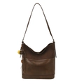 Sac hobo rétro marron foncé en textures mixtes avec pompon décoratif et glands - Avec Pendentif / Marron