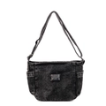 Borsa a tracolla in denim nero lavato retrò con piastra in argento e tasche laterali - Nero