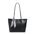 Classic black tote bag with smooth leather finish, decorative silk scarf and fashion tag - Black