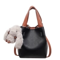 Litchi pattern bucket bag in black and brown with a grey plush bunny pendant - With Charm / Black