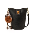 Black faux leather bucket bag with gold clasp and leopard bow plush charm detail - With Pendant / Black