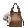 Two-tone brown lychee pattern bucket bag with a plush rabbit charm and top handle - With Charm / Khaki