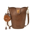 Deep brown vintage bucket bag in matte PU leather with plush doll pendant and gold buckle - With Pendant / Brown