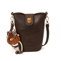 Dark brown leather bucket bag with metallic clasp and cute plush charm in plain white background - With Pendant / Brown