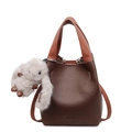 Brown and caramel leather bucket bag with litchi texture and cute rabbit charm - With Charm / Coffee