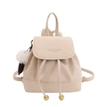 Mini cream leather backpack with drawstring closure and white fluffy keychain - With Pendant / White