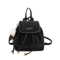Retro black matte leather backpack for women with white stitching and plush ball charm - With Pendant / Black