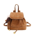 Vintage brown faux suede mini backpack for women with white stitching and plush ball charm - With Pendant / Brown