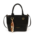 Minimalist black bucket bag with wood bead tassel and gold lettering on white background - With Pendant / Black