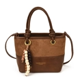Brown vintage suede tote bag with contrast leather trim and wooden bead charm for women - With Pendant / Brown