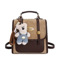 Sac à dos vintage en cuir contrasté marron et beige avec un pendentif ours en peluche - Kaki