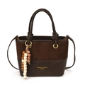 Vintage brown patchwork bucket bag with suede texture and wooden bead tassel - With Pendant / Brown