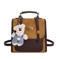 Sac à dos vintage en cuir marron avec panneaux en daim kaki et breloque ours en peluche blanc - Marron
