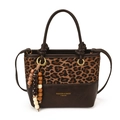 Retro leopard print tote bag with brown leather panel and wooden bead charm accent - With Pendant / Leopard Coffee