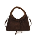 Borsa a mano minimalista in pelle scamosciata marrone scuro con bordi in peluche - Marrone