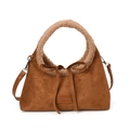 Borsa tote in camoscio marrone con finiture in lana d'agnello e dettaglio fiocco - Marrone