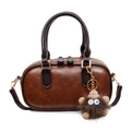 Retro brown leather bowling bag with twin handles and cute furry monster keychain charm - With Charm / Tan