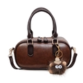 Retro dark brown Boston bag with smooth glossy finish and cute monster pendant - With Charm / Brown
