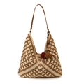 Borsa tote etnica all'uncinetto con motivo a maglia traforata e ciondoli a pompon colorati - Con Ciondolo / Cachi