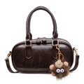 Dark brown retro oil wax leather Boston handbag with cute plush monster charm detail - With Charm / Coffee