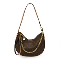Bolso hobo vintage marrón con diseño de monograma y cadena decorativa dorada - Caqui