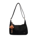 Minimalist black suede half-moon shoulder bag with a cute brown plush puppy charm - With Pendant / Black