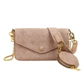 Braune Monogramm Umhängetasche Set mit runder Münztasche und goldener Kettenriemen - Khaki