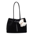 Borsa tote nera opaca con fibbia d'argento e ciondolo a forma di gatto di peluche - Con Ciondolo / Nero