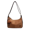 Caramel hobo bag in matte suede with deep brown straps and a cute plush bear charm - With Pendant / Brown