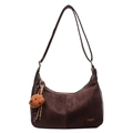Dark brown suede shoulder bag with adjustable strap and cute teddy bear plush charm - With Pendant / Coffee