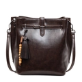 Retro dark brown PU leather bucket bag with bohemian tassel and wooden bead accent - Brown