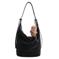 Large black hobo shoulder bag with white contrast stitching and a plush puppy charm - With Pendant / Black