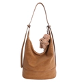 Brown leather large capacity hobo bucket bag with a cute plush bear pendant accessory - With Pendant / Brown